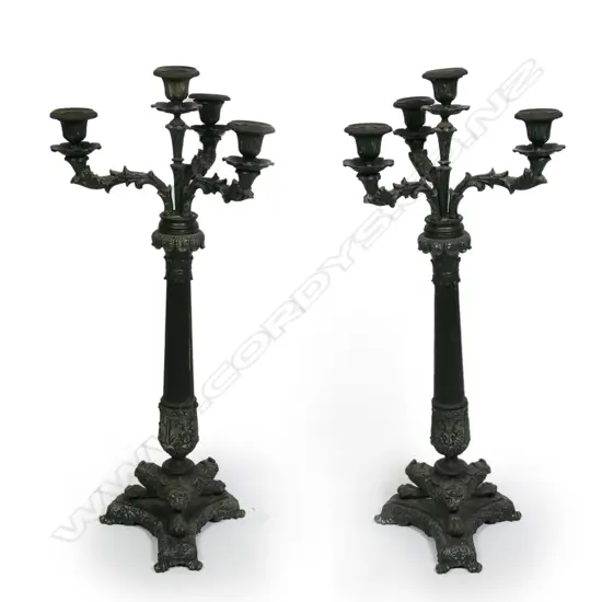 Pair of 19thC patinated bronze metal table candelabras