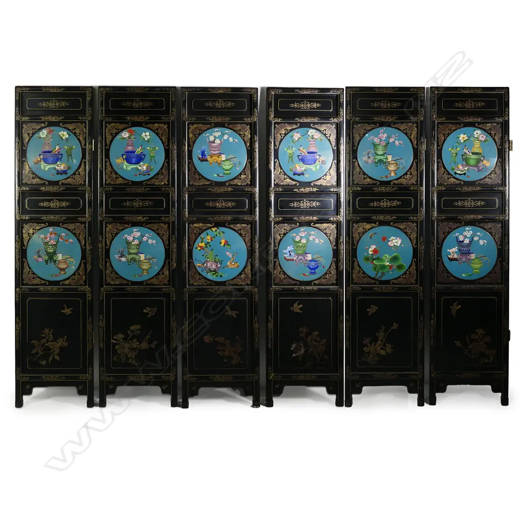 A Chinese lacquer and cloisonné four-fold screen Image 1++