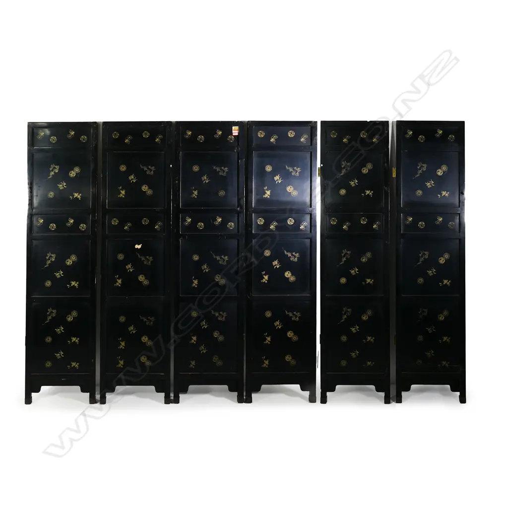 A Chinese lacquer and cloisonné four-fold screen Image 1++