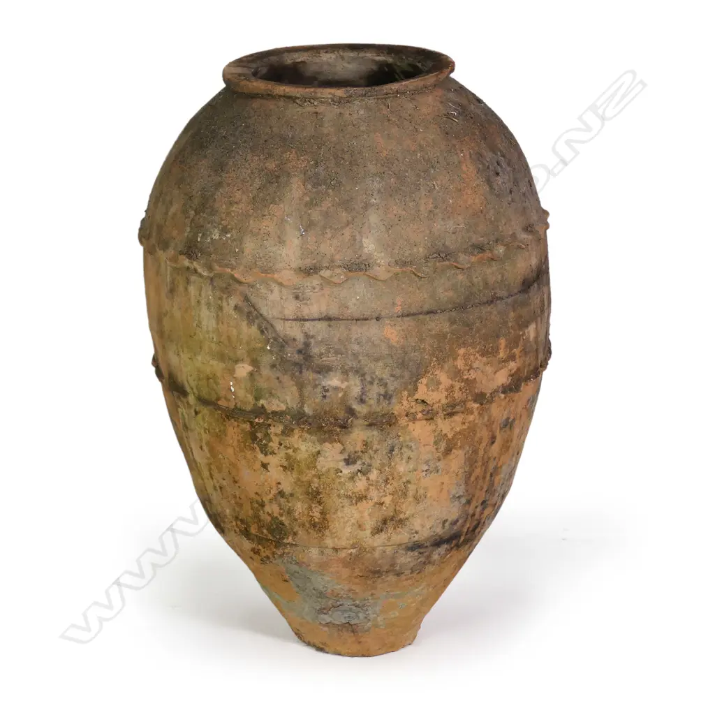 An old European terracotta tall olive oil storage jar Image 1++