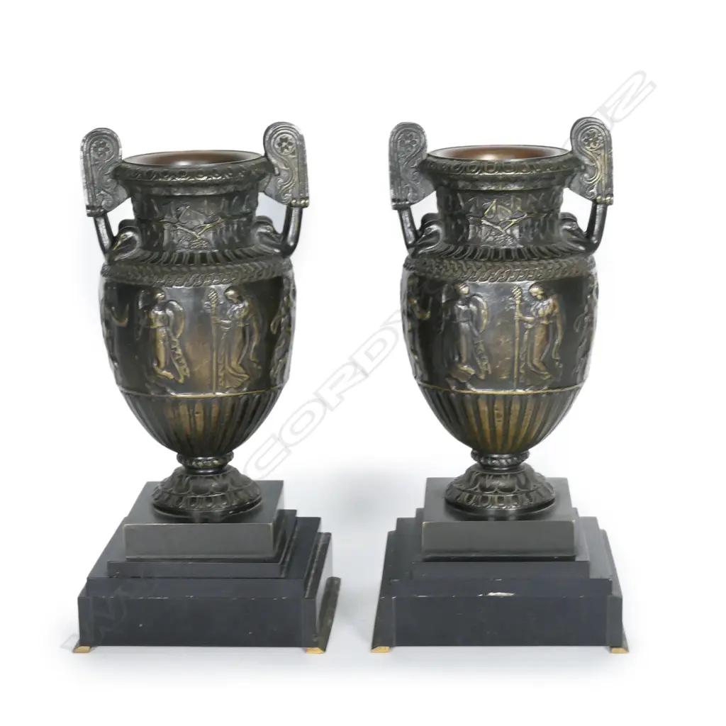 A pair of 19thC Roman style bronze urns on marble bases Image 1++
