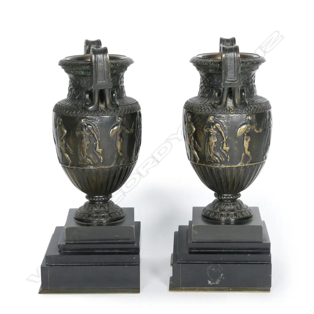 A pair of 19thC Roman style bronze urns on marble bases Image 1++