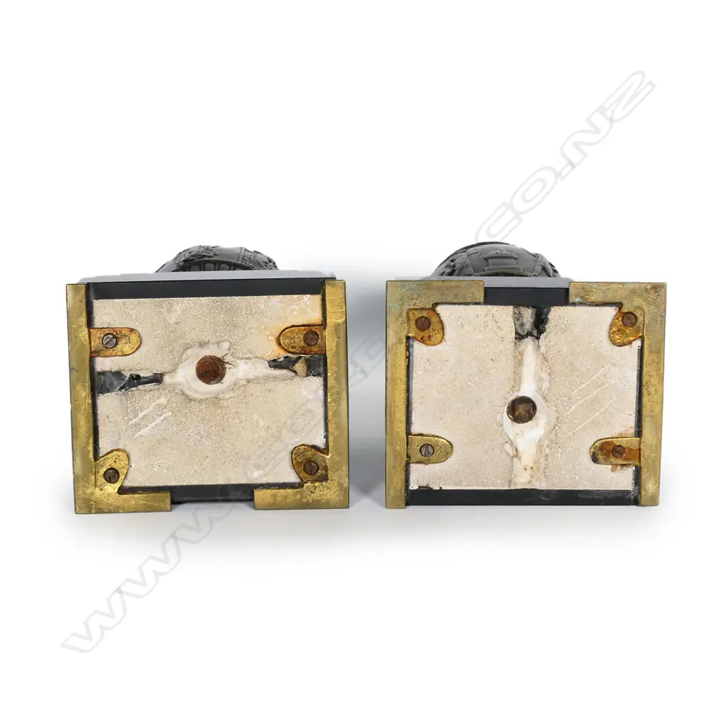 A pair of 19thC Roman style bronze urns on marble bases Image 1++