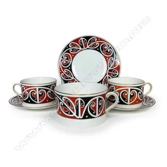 Three Royal Doulton ‘Maori Art’ cups and saucers
