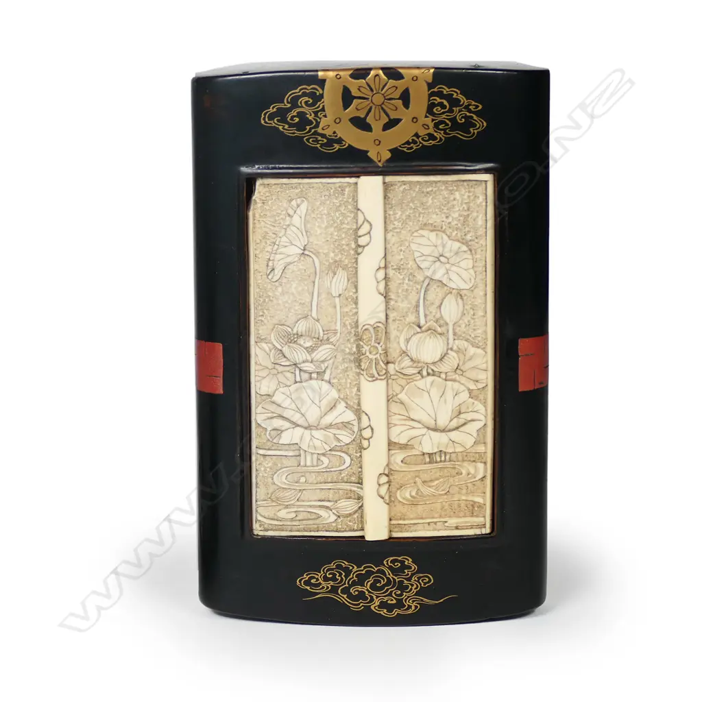 A 19thC Japanese black lacquered and carved ivory pocket shrine Image 1++