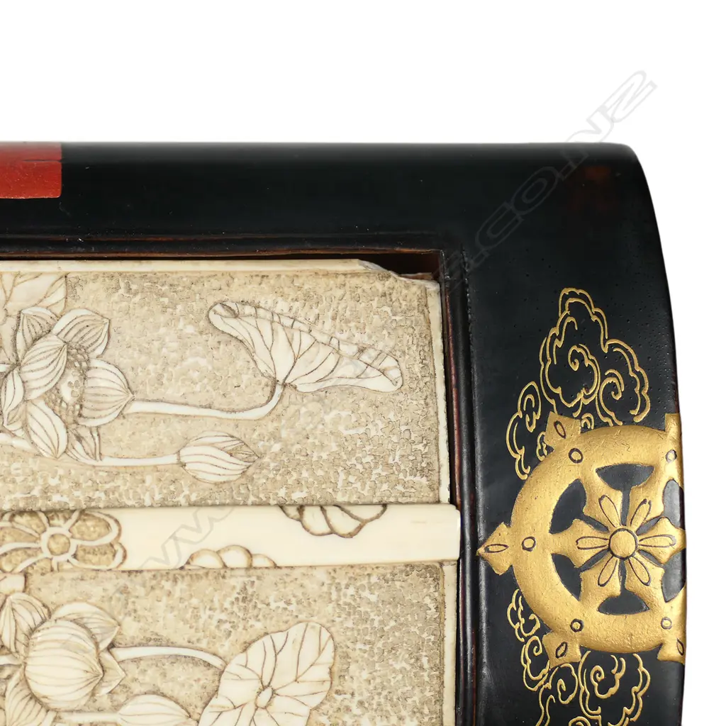 A 19thC Japanese black lacquered and carved ivory pocket shrine Image 1++