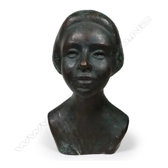 A bronze bust of a woman