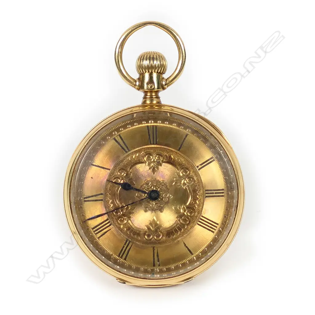 A 19thC 18ct gold cased open face pocket watch Image 1++