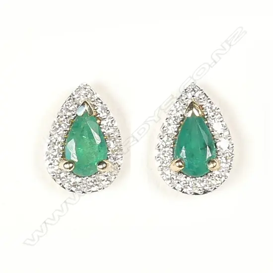 A pair of modern 9ct. yellow gold emerald and diamond earrings