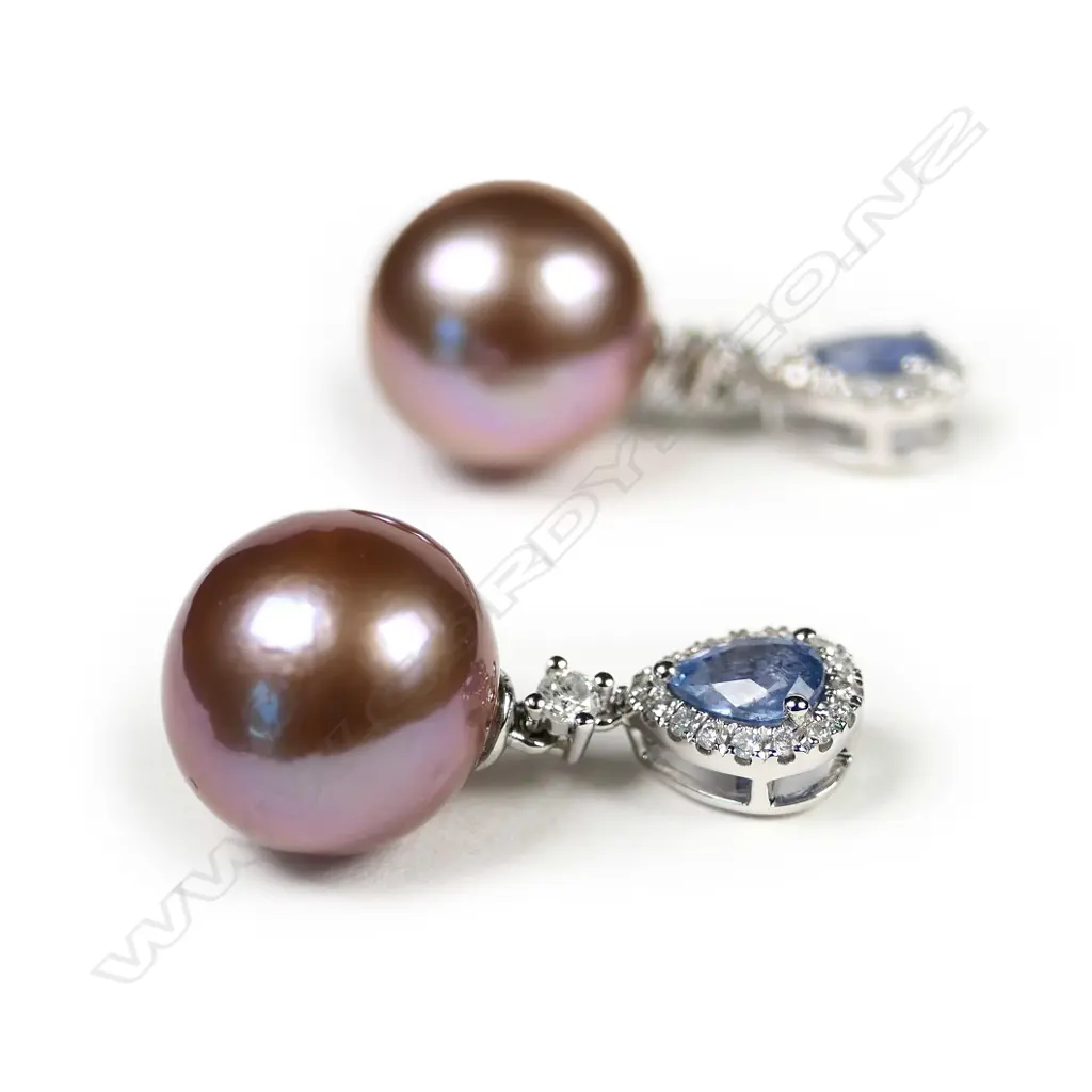 14ct white gold pink pearl sapphire and diamond drop earrings Image 1++