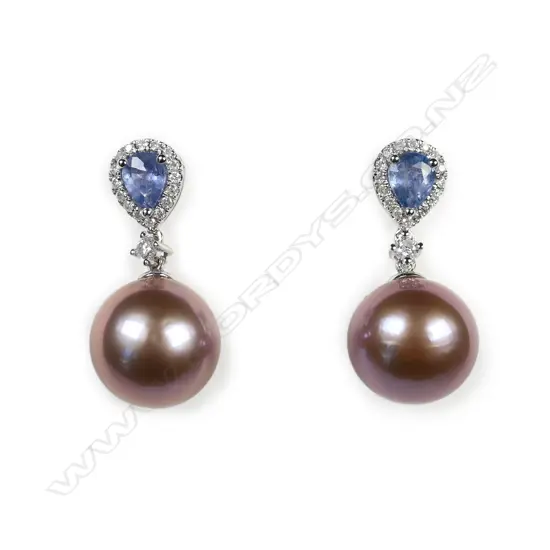 14ct white gold pink pearl sapphire and diamond drop earrings