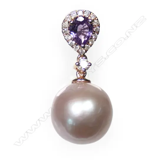 A 14ct rose gold pink pearl sapphire and diamond pendant