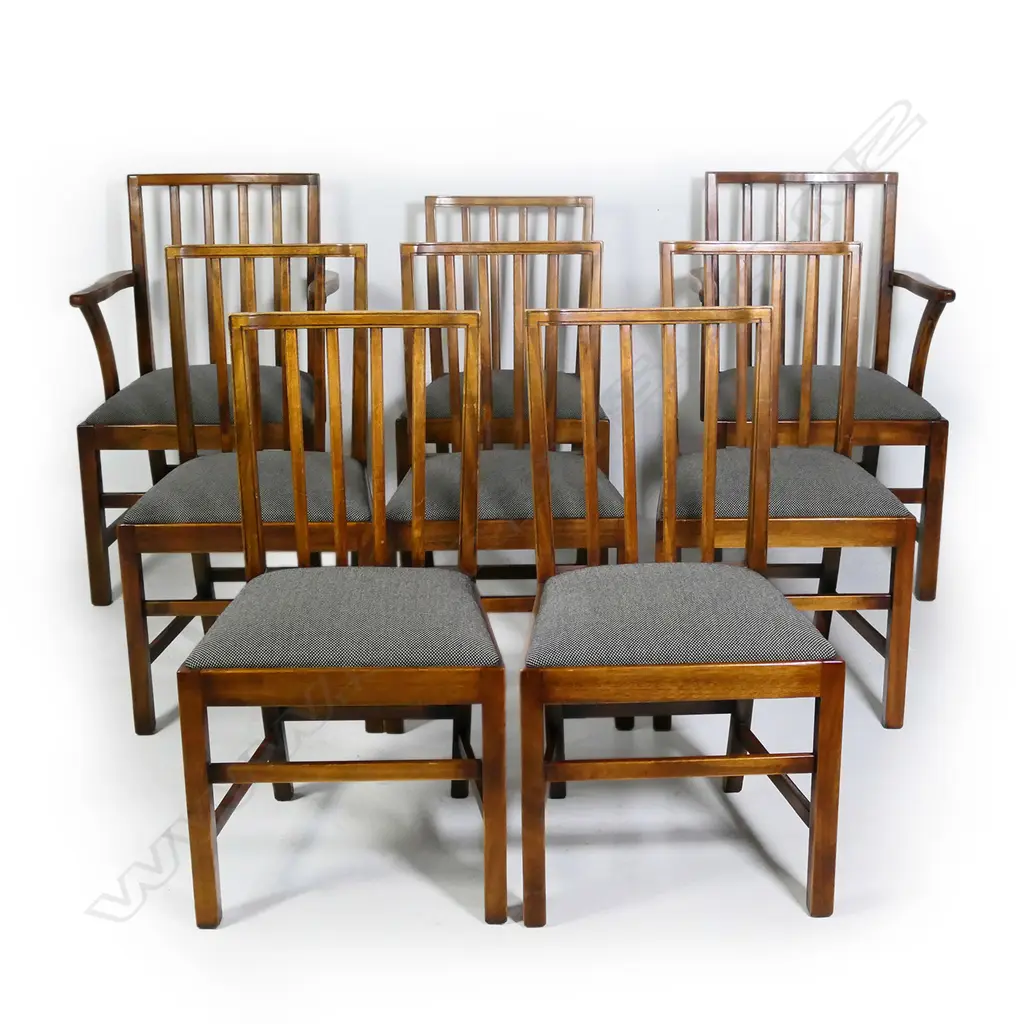 A set of eight Sefton Powrie walnut and oak Georgian style stick back dining chairs Image 1++