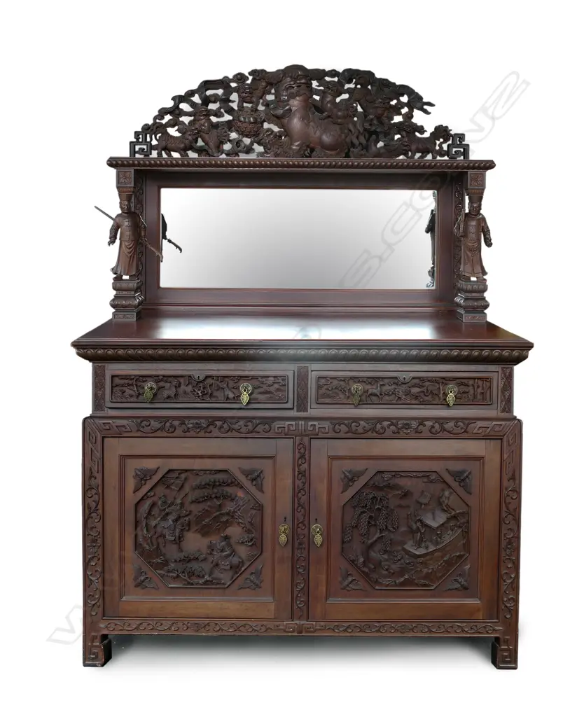 An impressive Chinese teak small mirror-back sideboard Image 1++