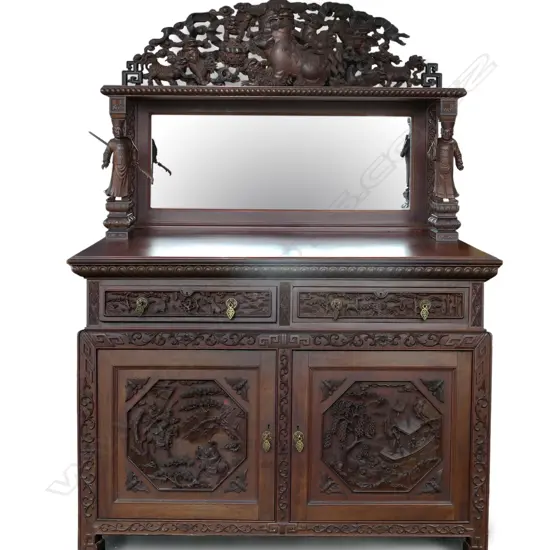 An impressive Chinese teak small mirror-back sideboard