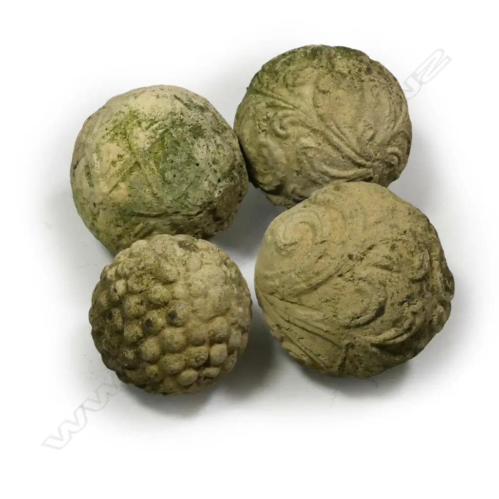 Four small church stone medieval style garden balls Image 1++