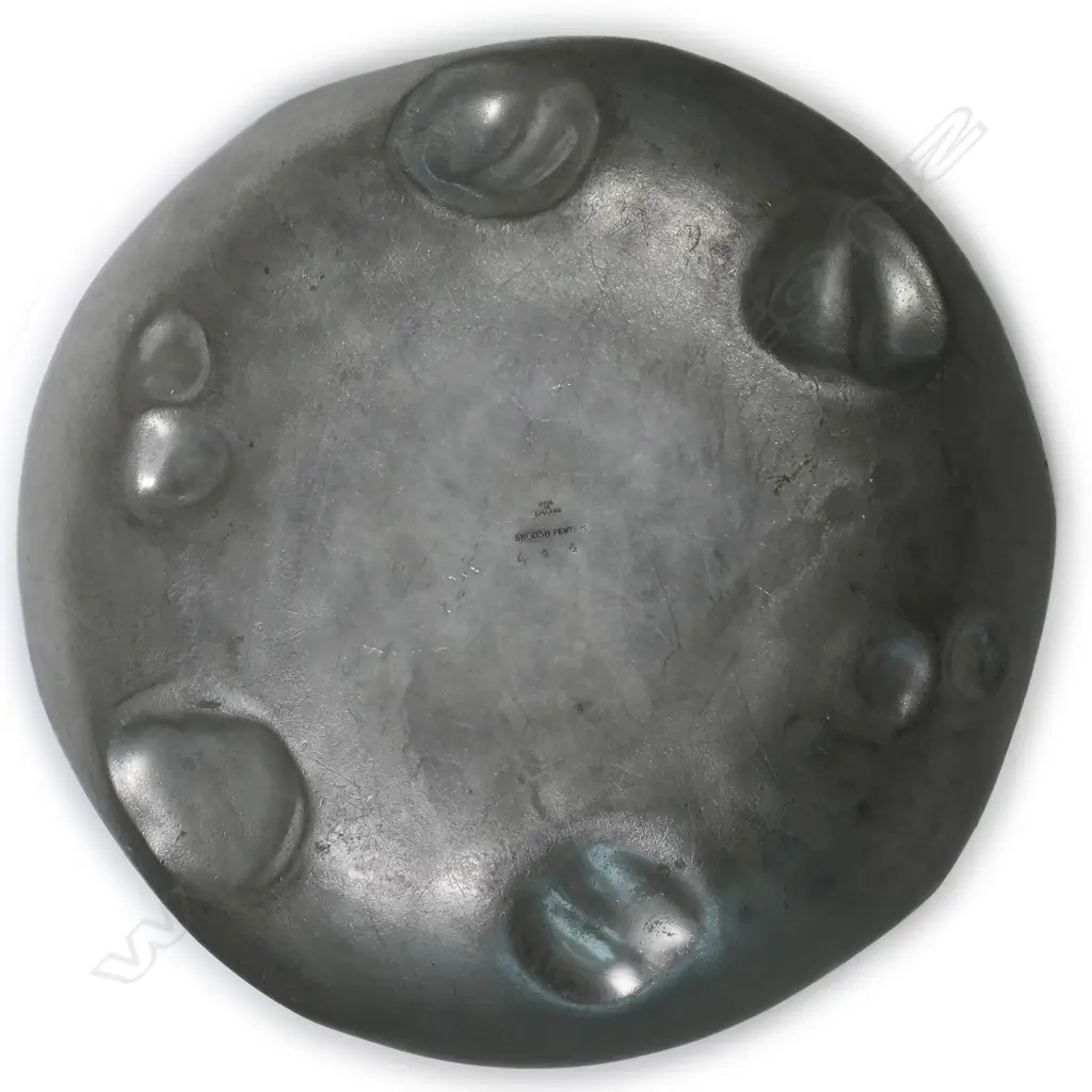 A good Archibald Knox (Tudric) uncommon pewter and enamelled tri-handled dish Image 1++