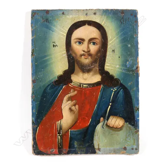 A small 19thC Russian icon of Christ as Salvator Mundi