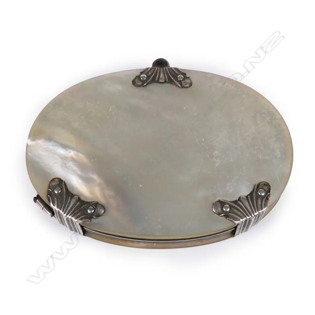A 19thC silver and mother-of-pearl folding pocket magnifying glass Image 1++
