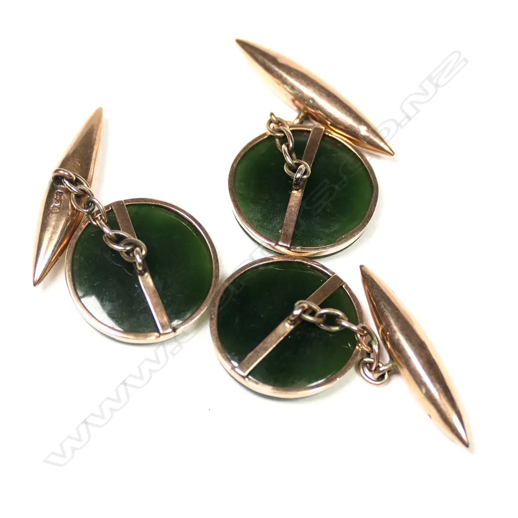 A pair of colonial 9ct rose gold and pounamu cufflinks Image 1++