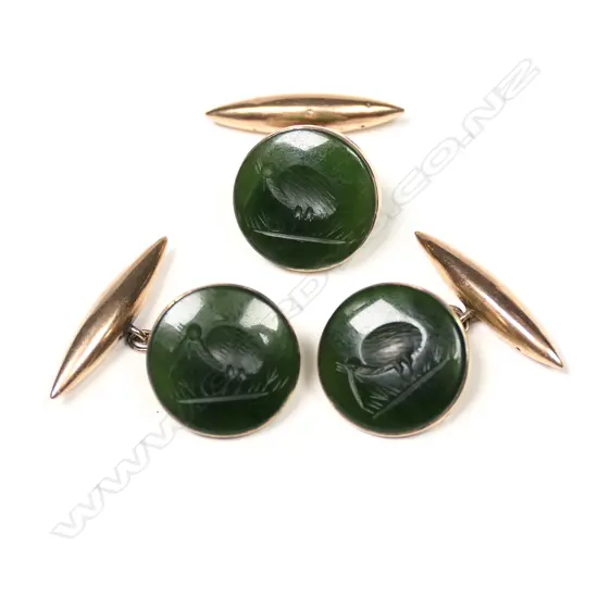 A pair of colonial 9ct rose gold and pounamu cufflinks