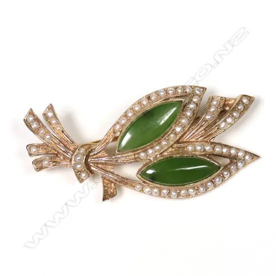 A 9ct gold pearl and pounamu brooch