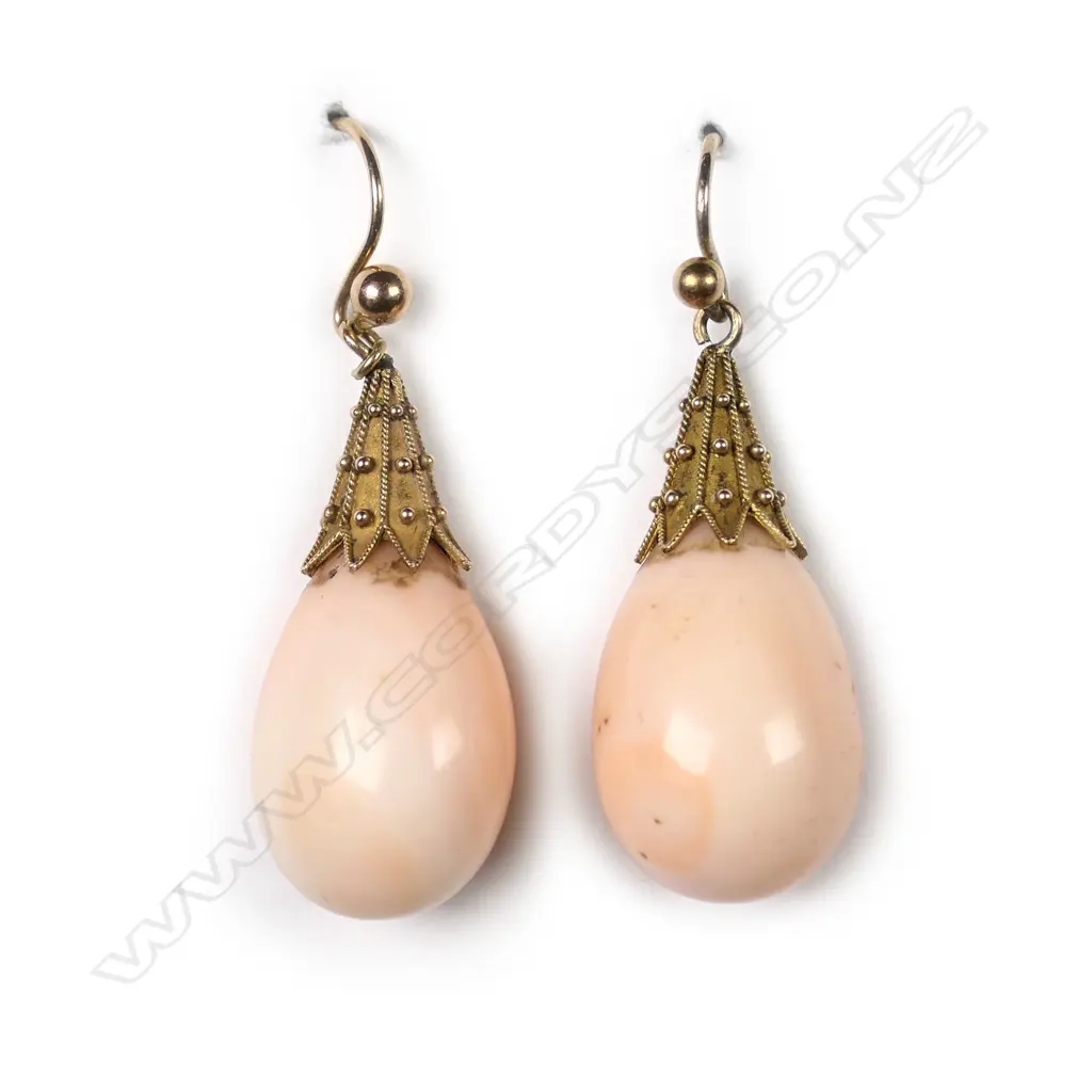 A pair of Victorian 9ct gold and angel skin coral earrings Image 1++