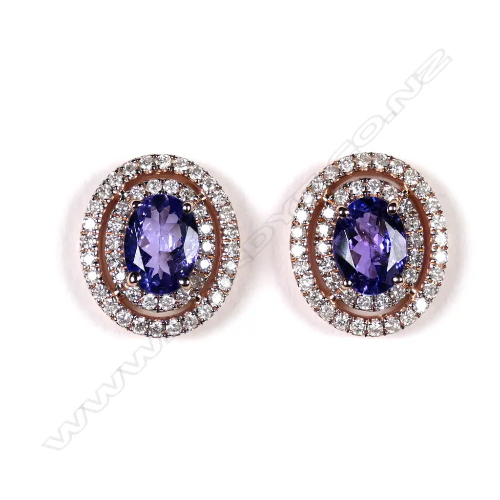 A pair of 14ct rose gold tanzanite and diamond double halo stud earrings Image 1++