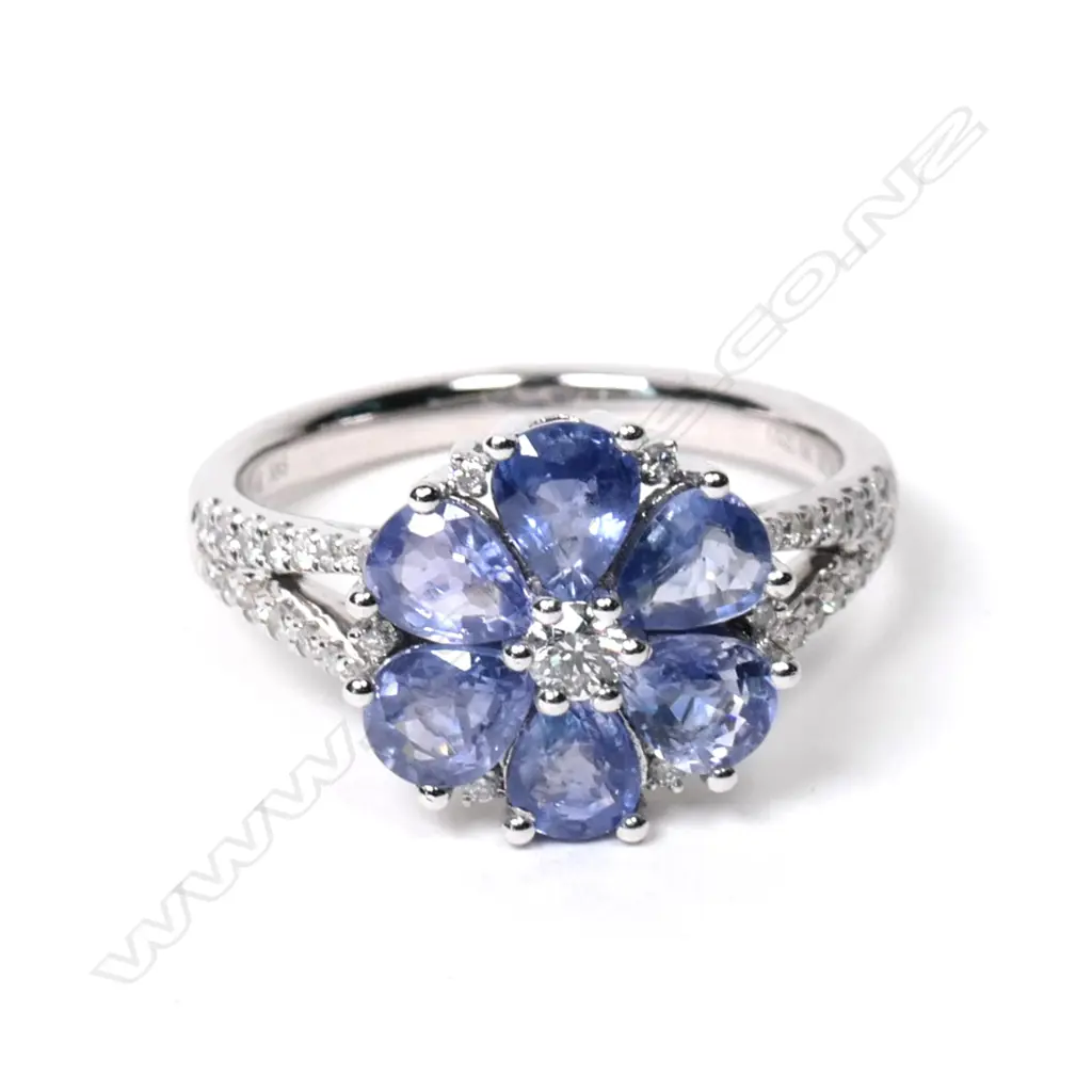 A 14ct white gold Ceylonese sapphire and diamond ring Image 1++