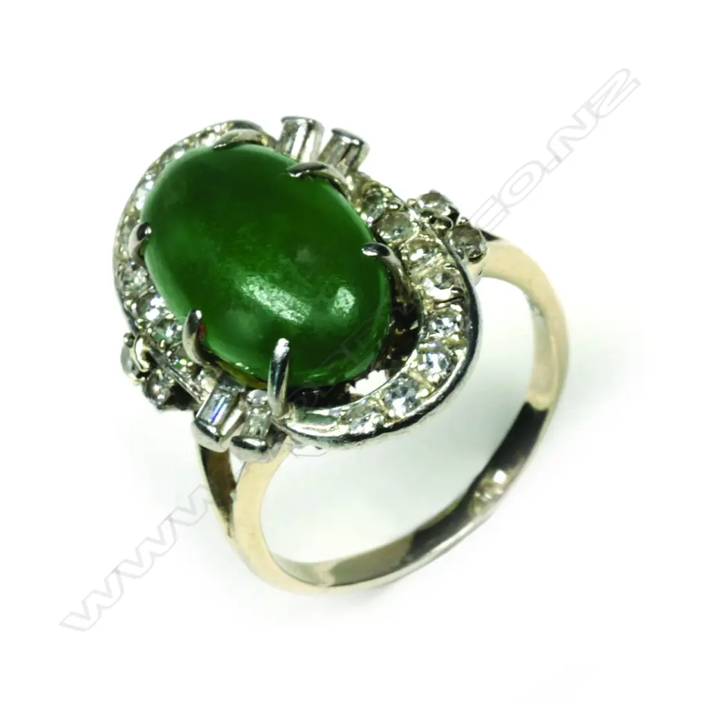 A vintage 14k white gold jadeite and diamond cluster ring Image 1++