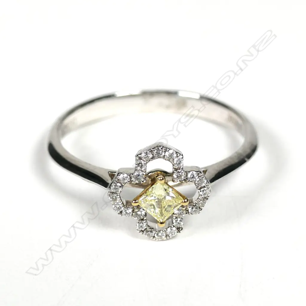 A 18ct white gold yellow and white diamond cluster ring Image 1++