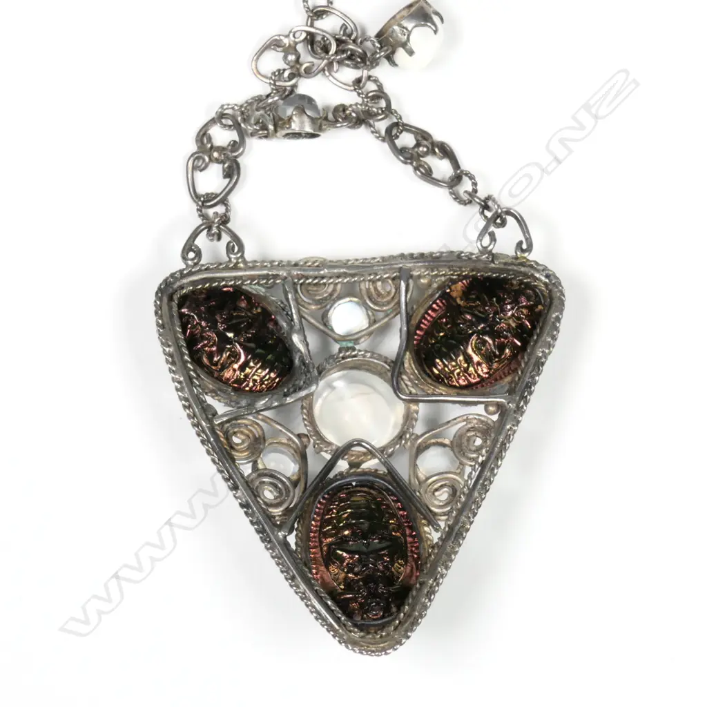 A silver Arts and Crafts scarab beetle and moonstone necklace Image 1++