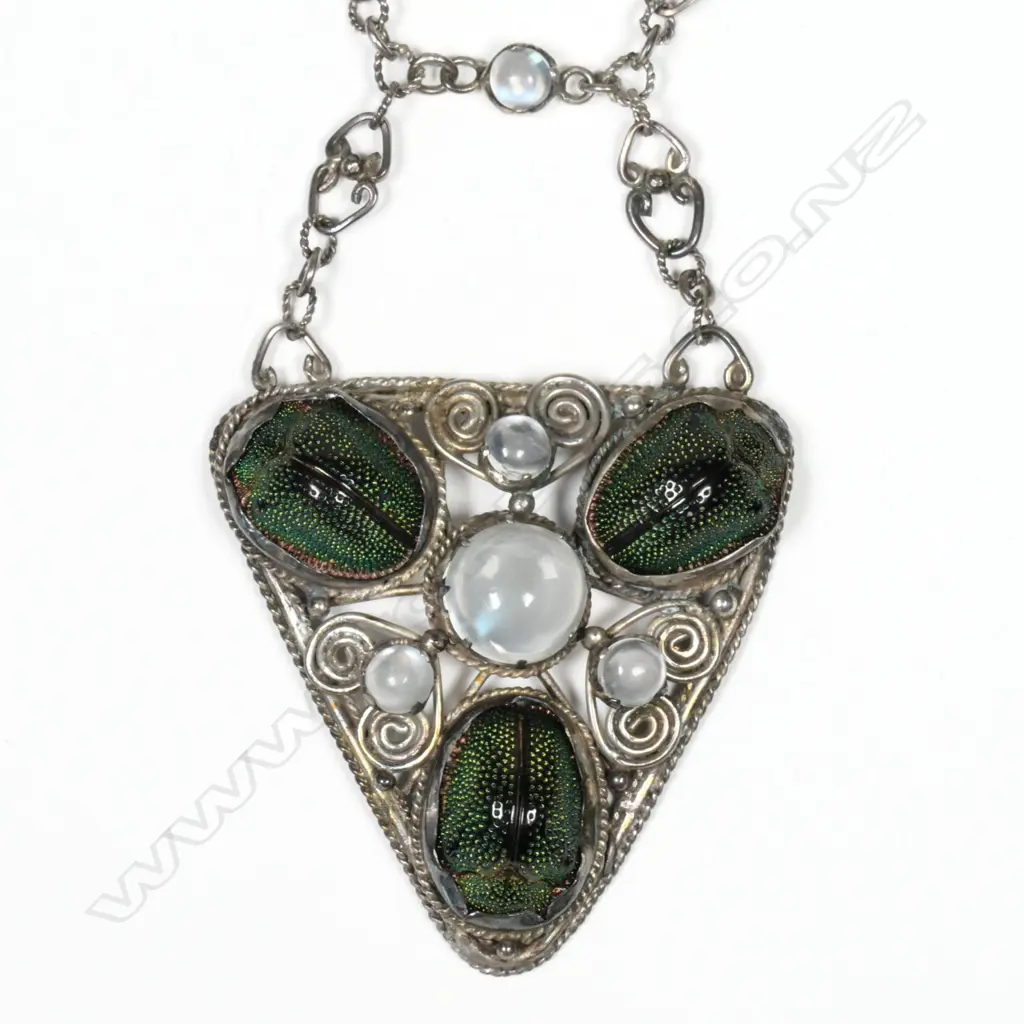 A silver Arts and Crafts scarab beetle and moonstone necklace Image 1++