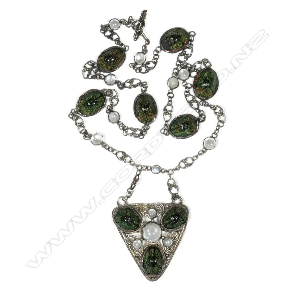 A silver Arts and Crafts scarab beetle and moonstone necklace Image 1++