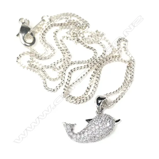 A 9ct white gold diamond set dolphin pendant