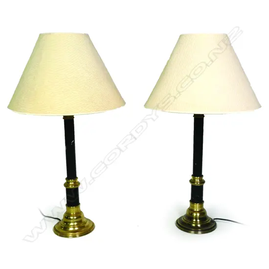 A pair of brass and marble table lamps