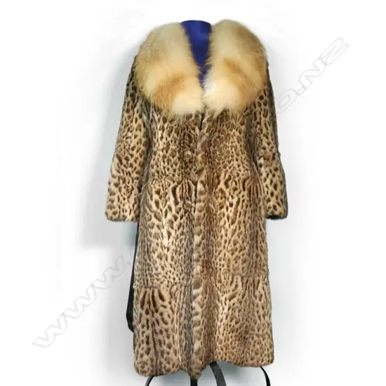 A vintage full length ocelot fur coat with fox collar