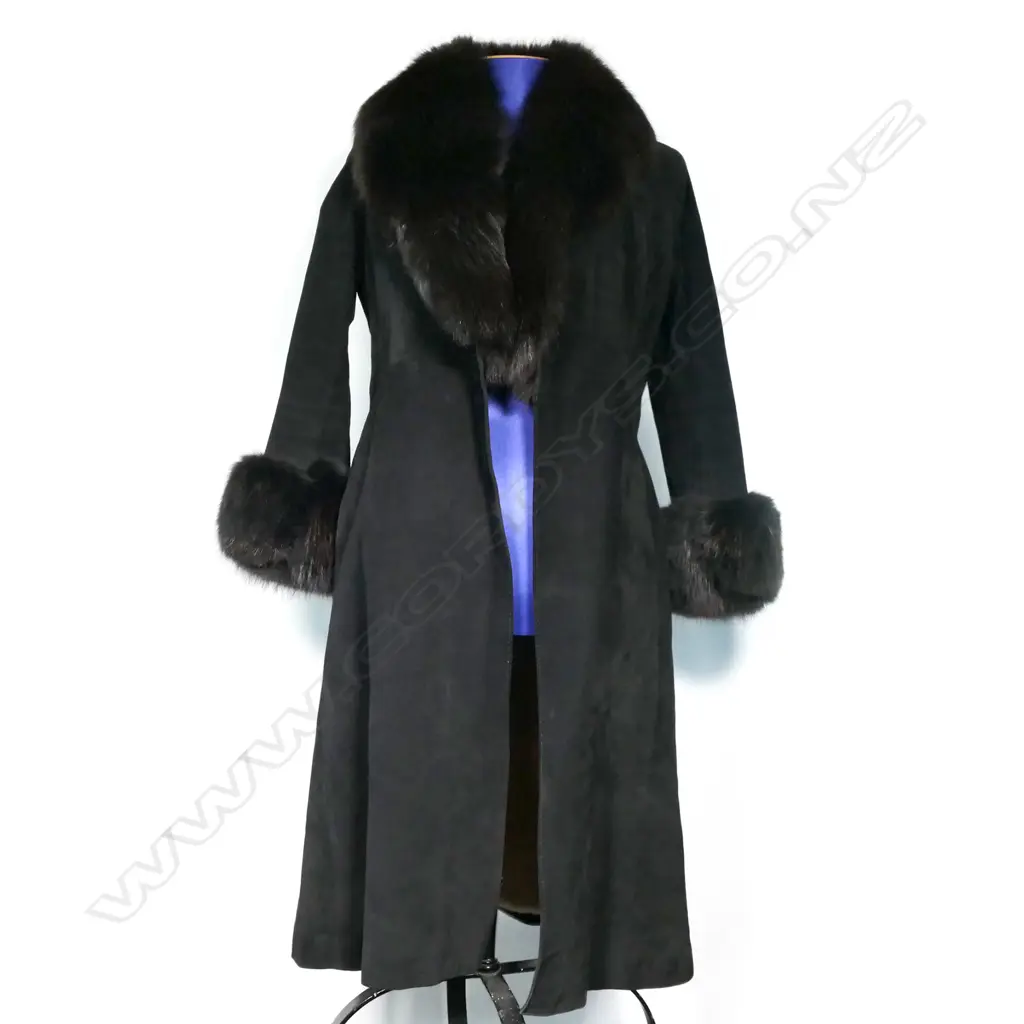 A full-length black suede coat with black fox collar and cuffs Image 1++