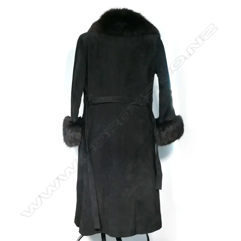 A full-length black suede coat with black fox collar and cuffs Image 1++