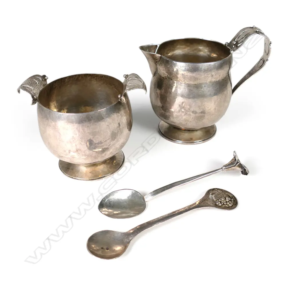 A rare New Zealand Arts & Crafts silver sugar and creamer by Marjorie R. Trenwith Image 1++