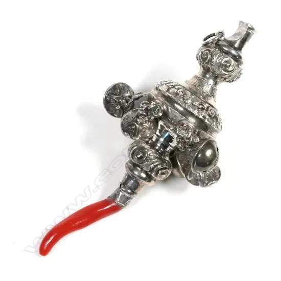 A Victorian silver and coral baby's rattle