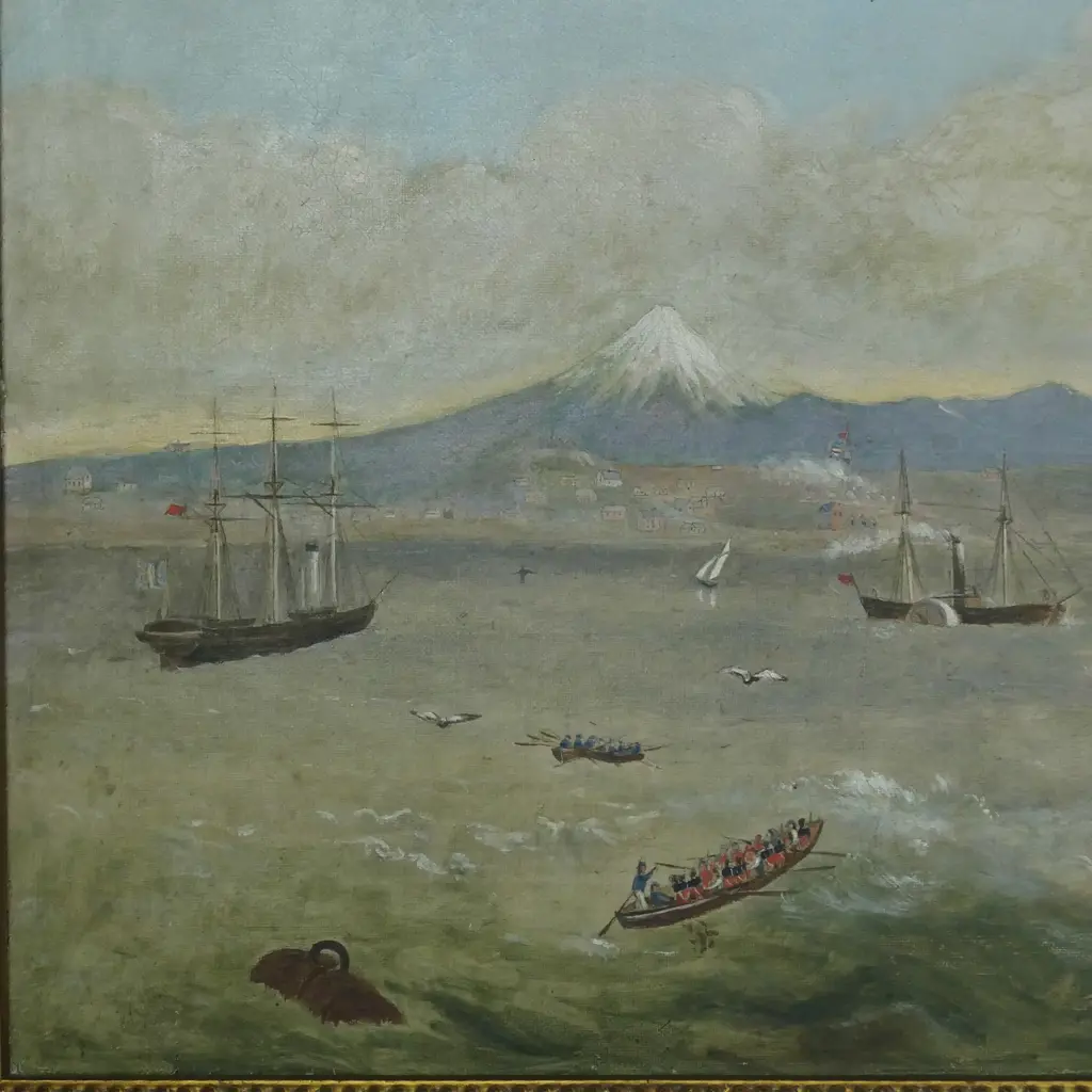 Edwin Harris (1810-1885), New Plymouth Under Siege - Troops Being Ferried Ashore, New Plymouth, 1860, oil on canvas, 370 x 790mm Image 1++