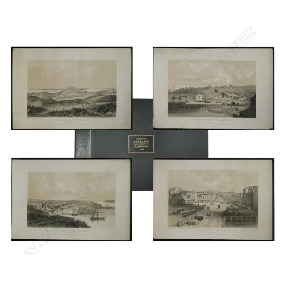 Patrick Joseph Hogan (1805 - 1878), rare set of four 1852 lithographs. Includes:  'No.1, Auckland, New Zealand. (From Hobson Street South)'; 'No.2, Auckland, New Zealand. (From Smale's Point.)'; 'No.3, Auckland, New Zealand. (From Britomart Barrack.)'; 'No.4, Auckland, New Zealand. (From the New Wharf.)'.  Each entitled and detailed 'Drawn by J.P. Hogan. 1852. Published by J. Williamson, Stationer &c. Auckland.' Full paper size 565 x 380mm. Housed in later leather trimmed book form box with gilt tooled detail. Note: Hogan worked as "Director" of a drawing class at the Mechanics Institute in Auckland, also as a surveyor and by 1853 was listed in Parnell as an artist.