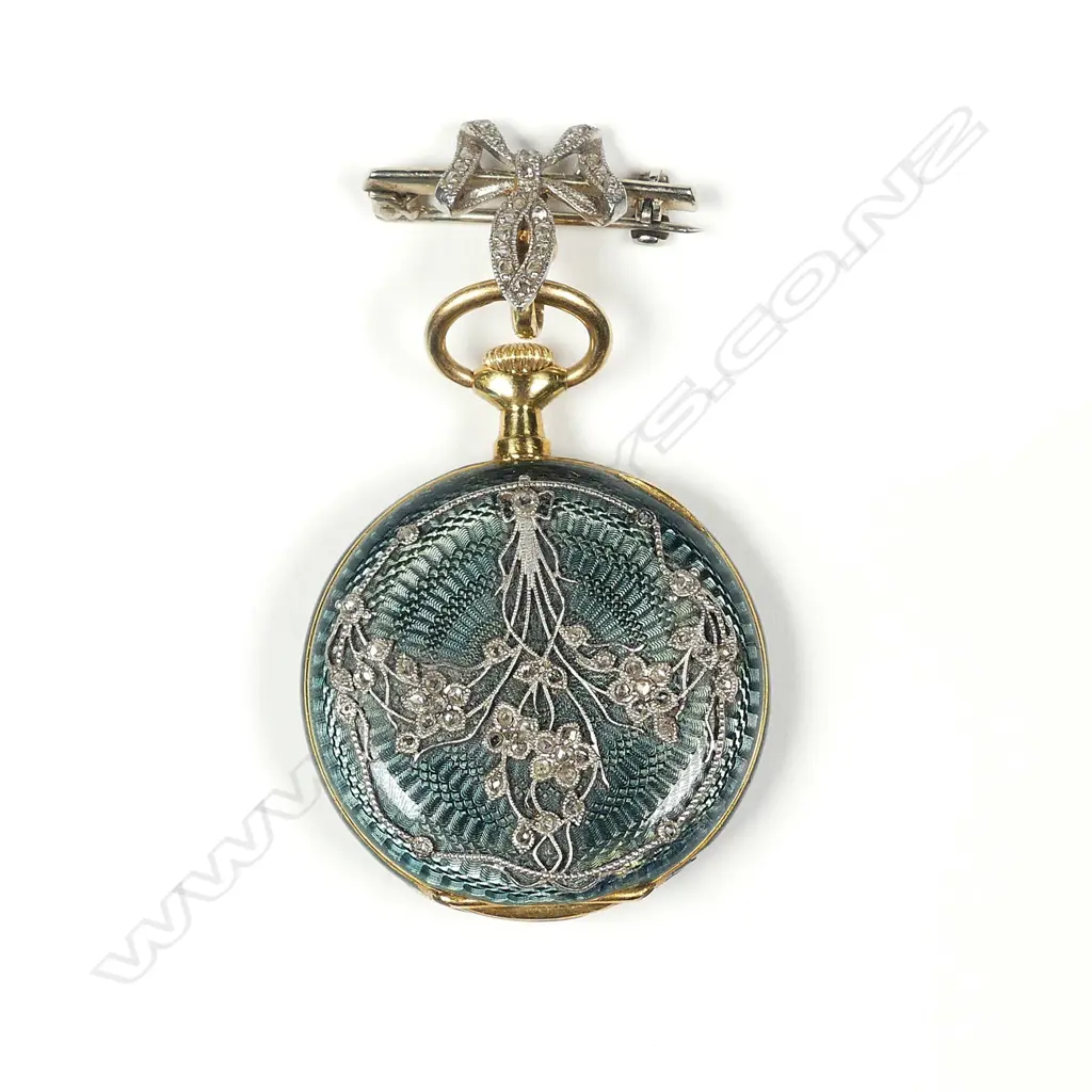 A lady’s early 20thC quality 18ct gold enamel and diamond set pendant watch Image 1++