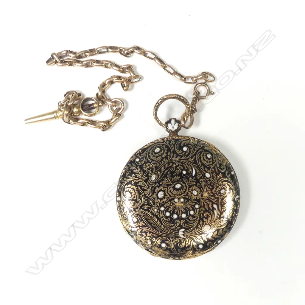 A 19thC 18ct yellow gold and enamel pocket watch on 14ct gold chain with key Image 1++