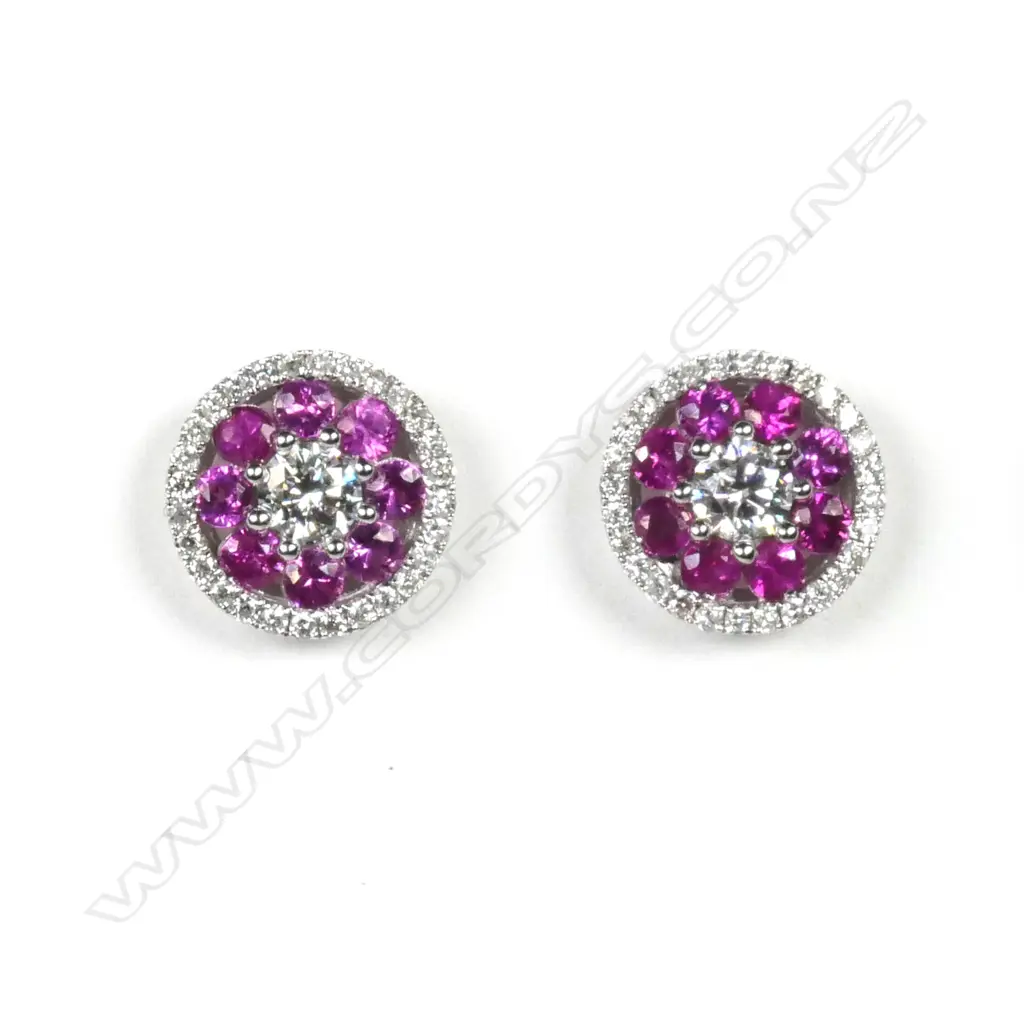 A pair of 18ct white gold diamond and rubellite cluster earrings Image 1++