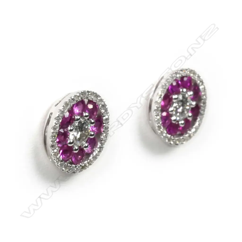 A pair of 18ct white gold diamond and rubellite cluster earrings Image 1++