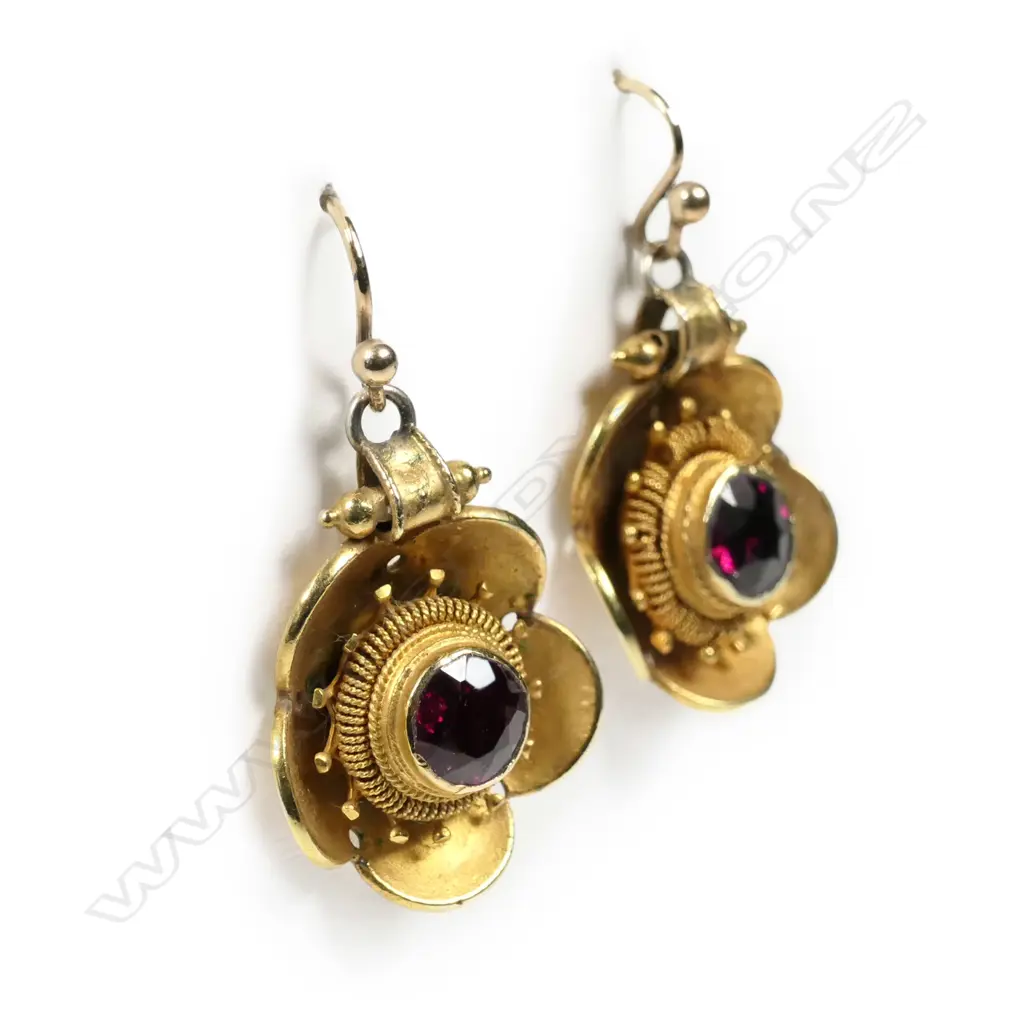A pair of Victorian gold and garnet earrings Image 1++