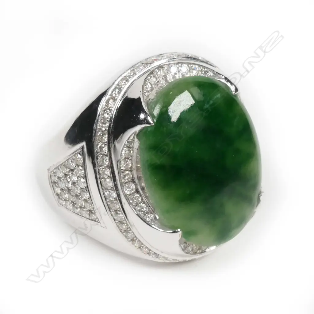 A large 18ct white gold jadeite and diamond ring Image 1++