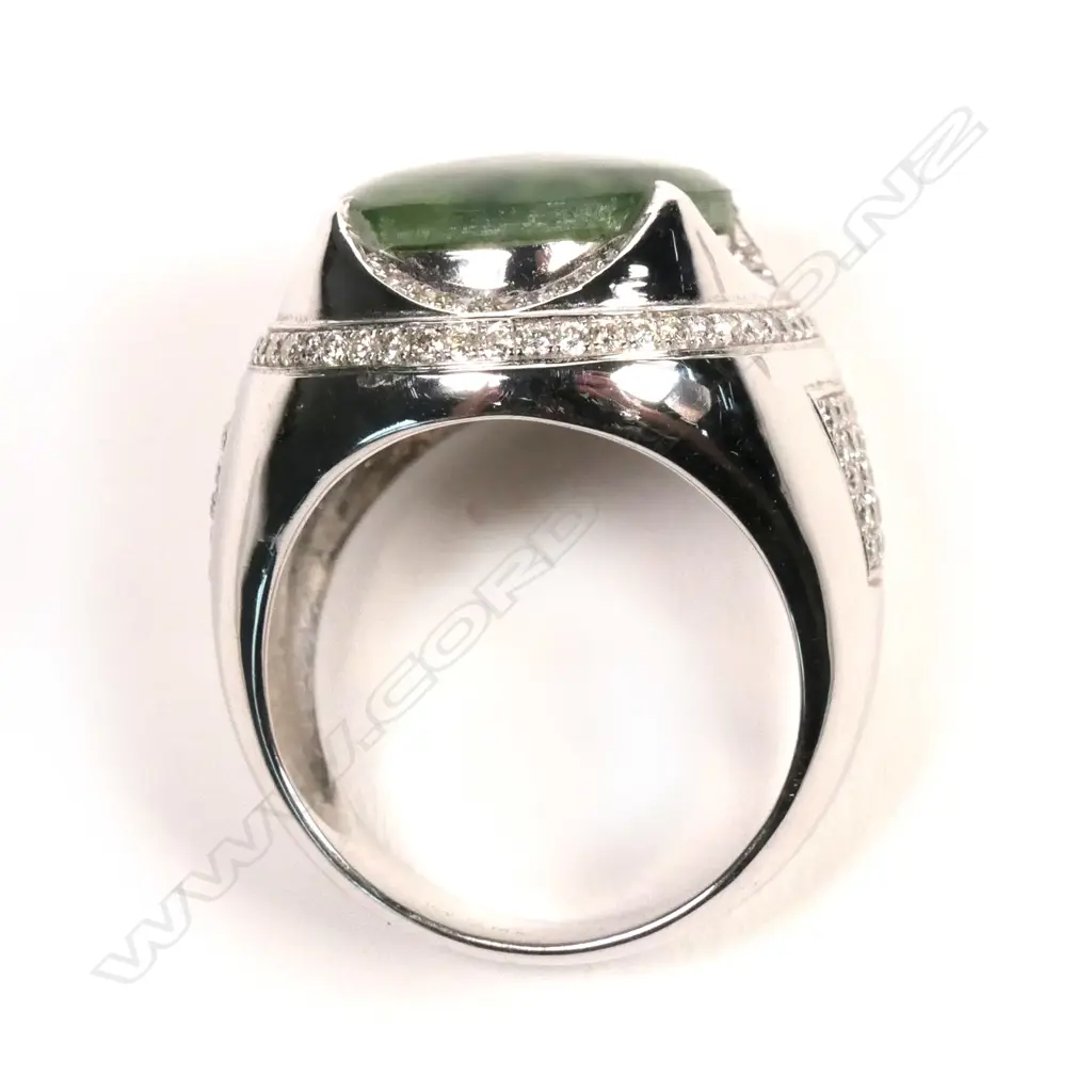 A large 18ct white gold jadeite and diamond ring Image 1++